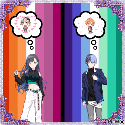 a boy and a girl are standing next to each other with thought bubbles above them