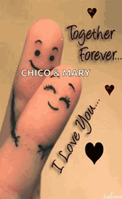 a couple of fingers with faces drawn on them and the words together forever i love you .