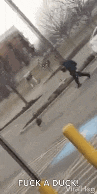 a man is running down a street while a duck flies in the background .