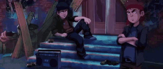 a cartoon character with a hat on is standing in front of a door .