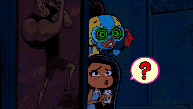 a cartoon of a man and a girl with speech bubbles that say question marks
