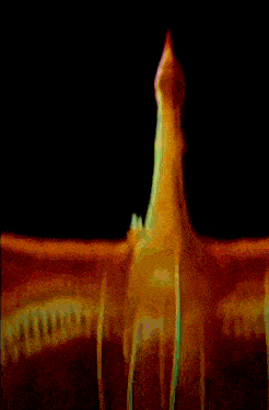 a close up of a painting of a flame with a few lines coming out of it