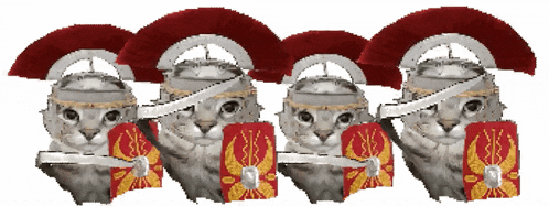 a row of cats wearing helmets and shields