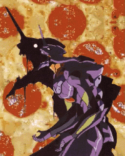 a purple robot is standing in front of a pizza