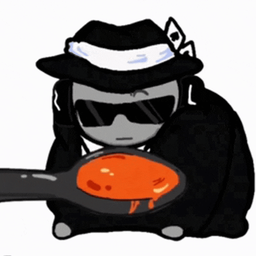 a cartoon character wearing sunglasses and a hat is holding a spoon with a sauce on it .