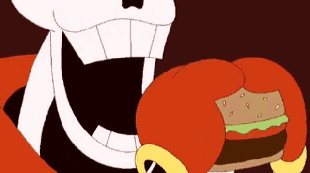 a cartoon of a skeleton holding a hamburger