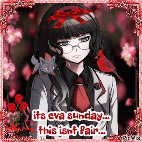 a picture of a girl with a bird on her shoulder says it 's eva sunday this isn t fair