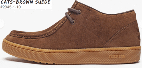 a pair of cats brown suede shoes with the number 2345 on the bottom