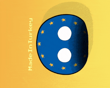 a blue ball with two white circles on it and the words made in turkey underneath it