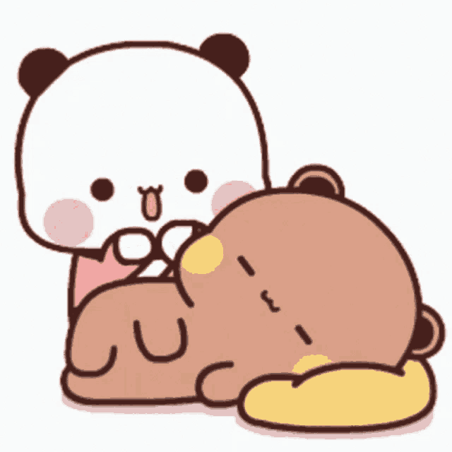 a panda bear is laying on top of a brown bear on a white background .