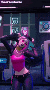 a woman in a pink top and black pants is standing in front of a neon sign that says faerieshaze