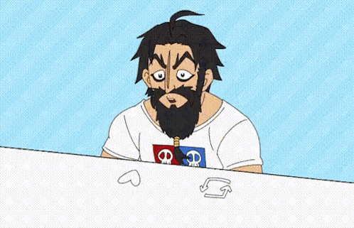 a cartoon of a man with a beard sitting at a table with paper clips .