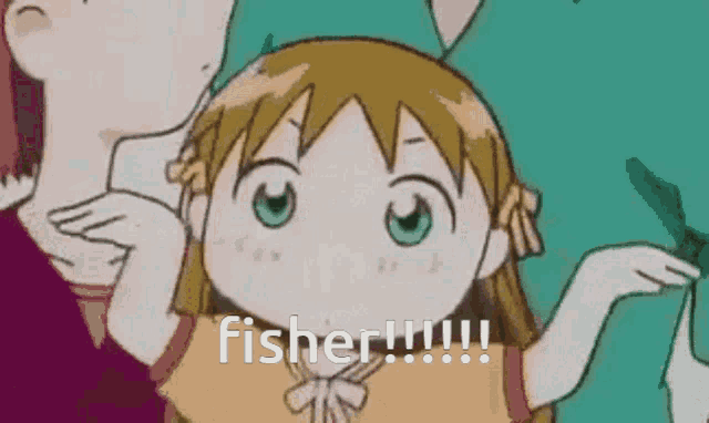 a cartoon girl with green eyes is standing next to a man and says fisher !!!