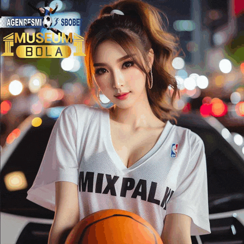 a woman wearing a mixpak jersey holds a basketball in front of a car