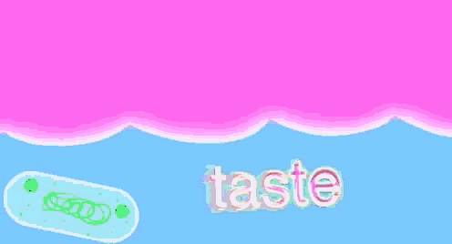 a blue and pink background with the word taste