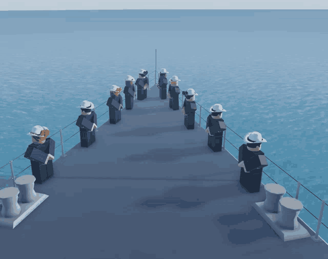 a group of people are standing on a dock in the middle of the ocean