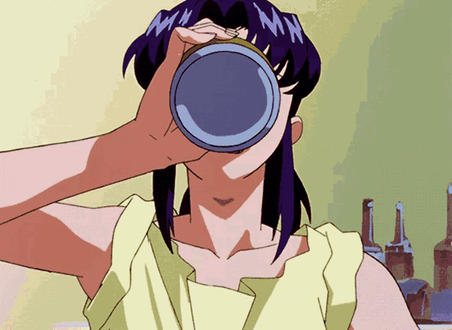 a girl with purple hair is drinking from a cup