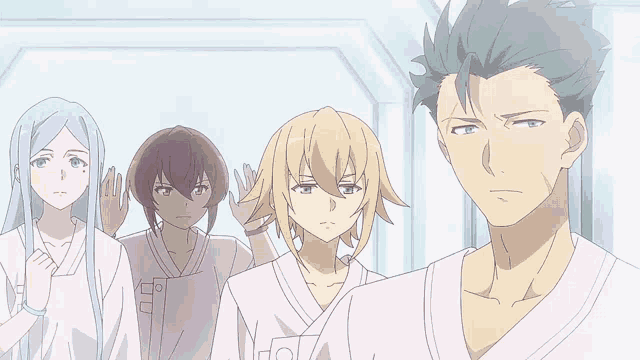 a group of anime characters are standing next to each other and one of them is wearing a shirt that says nf07