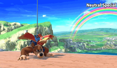 a video game scene with a rainbow and the words neutral special above it