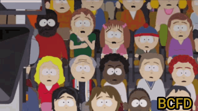 a group of cartoon characters are sitting in front of a screen and the letters bcfd are on the bottom right