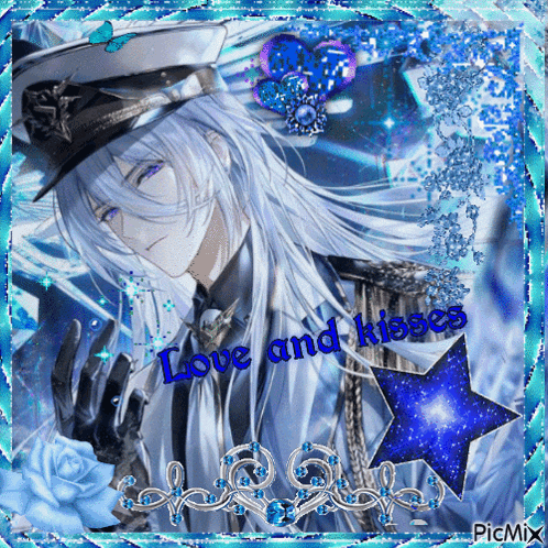 a picture of a man with long white hair with the words love and kisses