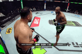 two men are fighting in a boxing ring with ufc logos on the floor