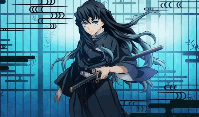 a man with long black hair and blue eyes is holding a sword in his hand .