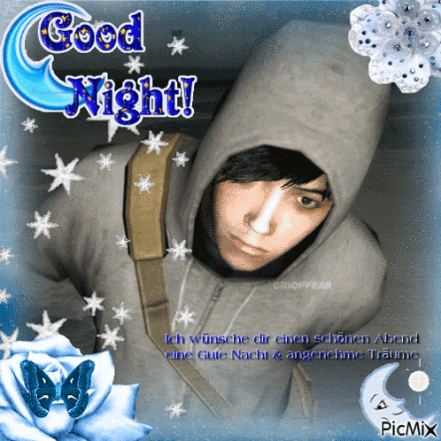 a picture of a man in a hoodie with the words good night written above him