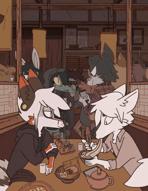 a cartoon of a group of animals sitting at a table eating food
