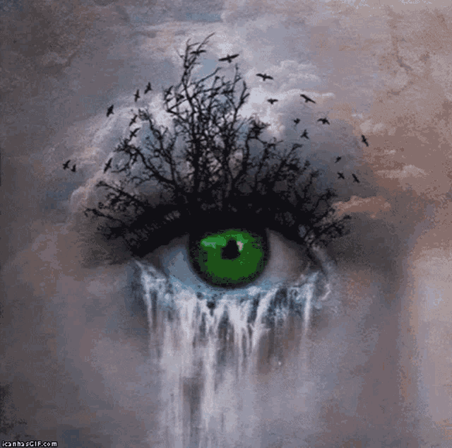 a painting of an eye with a green eye and a waterfall behind it