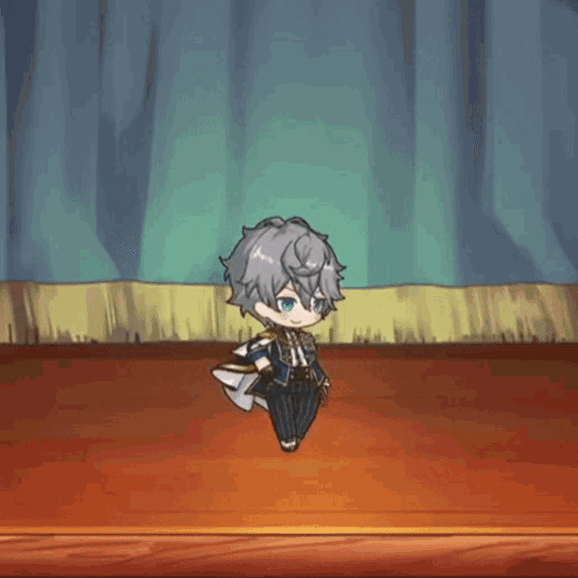 a cartoon character is standing on a stage with a green curtain behind him