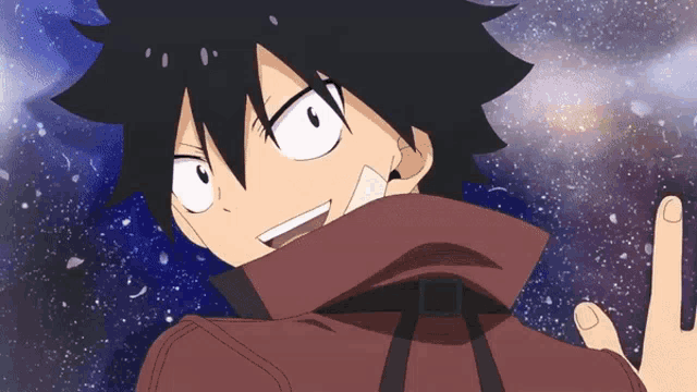 a cartoon character with black hair and a red jacket is making a peace sign