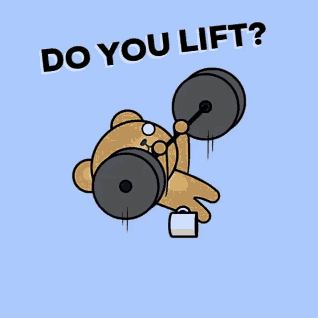 a teddy bear is lifting a barbell with the words " do you lift " below it