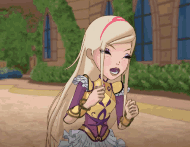a cartoon girl with long blonde hair and a purple dress