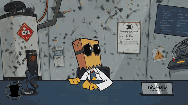 a cartoon character sitting at a desk with a sign that says dr. plug on it