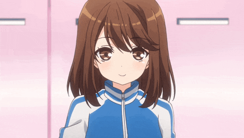 a girl with brown hair wearing a blue jacket