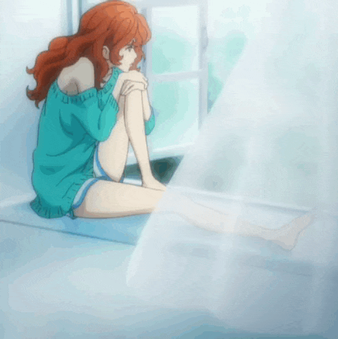 a girl with red hair is sitting on a window sill