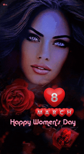 a happy women 's day greeting with a woman and hearts