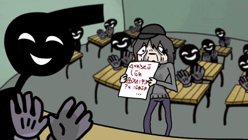 a cartoon of a person holding a piece of paper that says ' gm ' on it