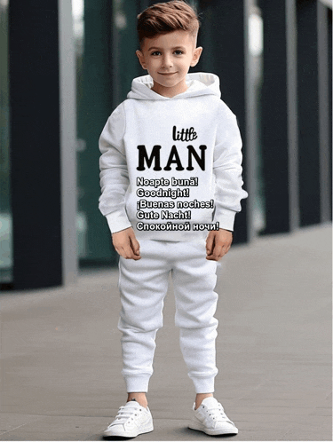 a young boy wearing a white little man sweatshirt