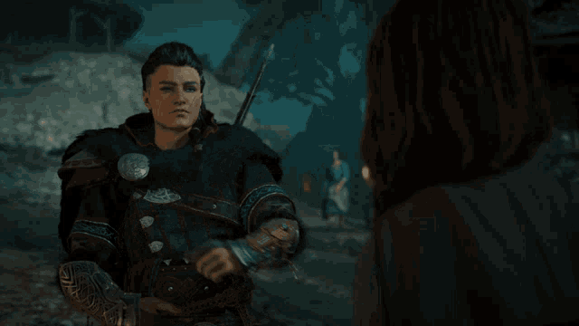 a woman in a video game is talking to another woman and says eivor i 'm familiar