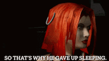 a woman with red hair is talking about why he gave up sleeping