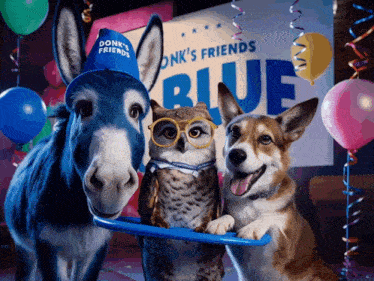 a donkey wearing a donk 's friends hat stands next to an owl and a dog