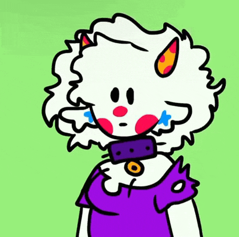 a cartoon drawing of a white cat with a purple shirt and a collar .