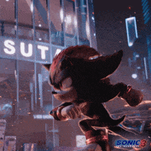 shadow the hedgehog from sonic the hedgehog is running in front of a building that says sut