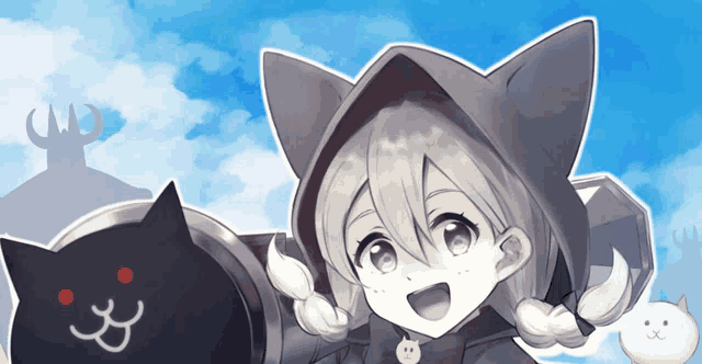 a girl with cat ears is holding a shield