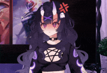 a girl with horns and a pentagram on her shirt