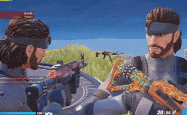 a screenshot of a video game shows two soldiers standing next to each other with a score of 28 54