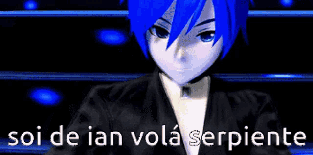 a cartoon character with blue hair and the words " soi de ian vola serpiente " on the bottom