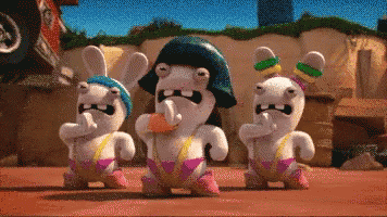 a group of cartoon rabbits standing next to each other on a dirt road
